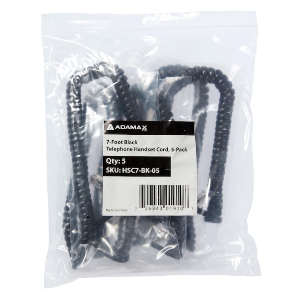 7 Ft Uncoiled/1.33 Ft Coiled Telephone Handset Cord, With RJ9 (4P4C) Connectors, Black, 5PK